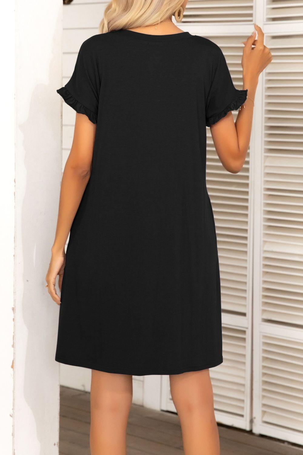 Flounce Sleeve Round Neck Dress with Pockets - Trendsi