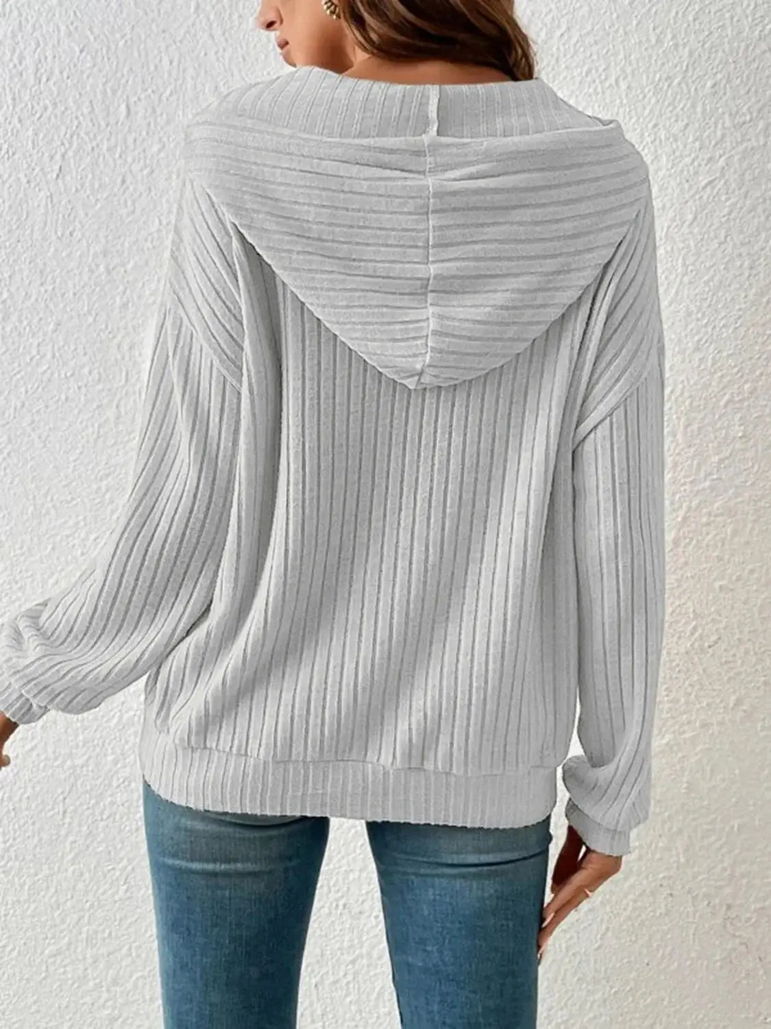 Ribbed Dropped Shoulder Drawstring Hoodie - Trendsi - Flyclothing LLC