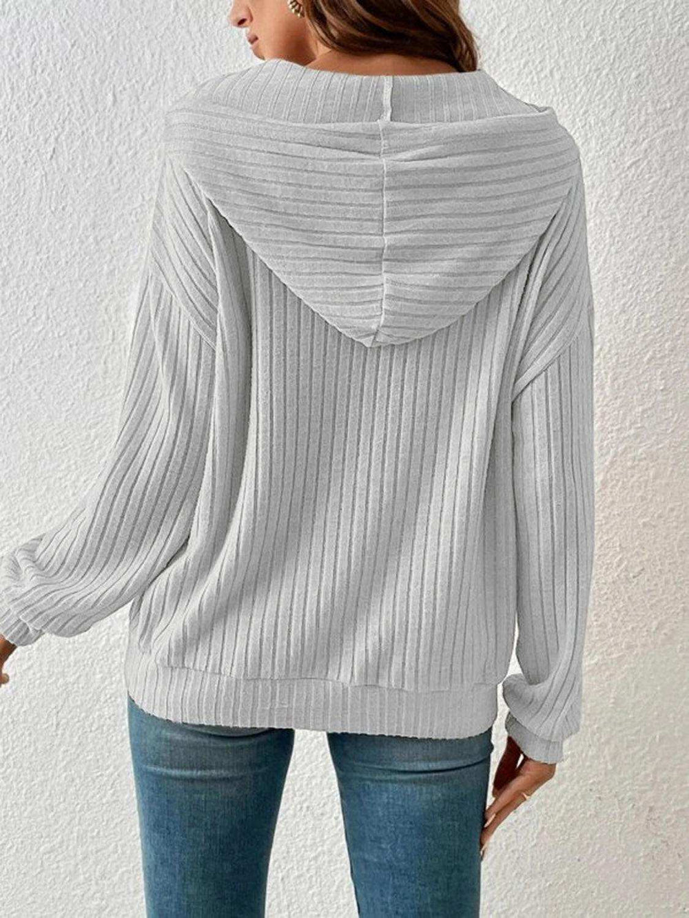Ribbed Dropped Shoulder Drawstring Hoodie - Trendsi - Flyclothing LLC