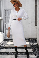 Notched Neck Dropped Shoulder Button-Down Midi Dress - Trendsi - Flyclothing LLC