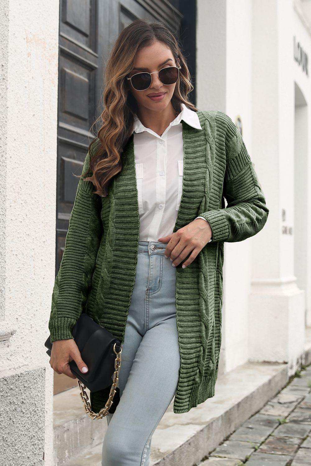 Open Front Cable-Knit Cardigan - Trendsi - Flyclothing LLC