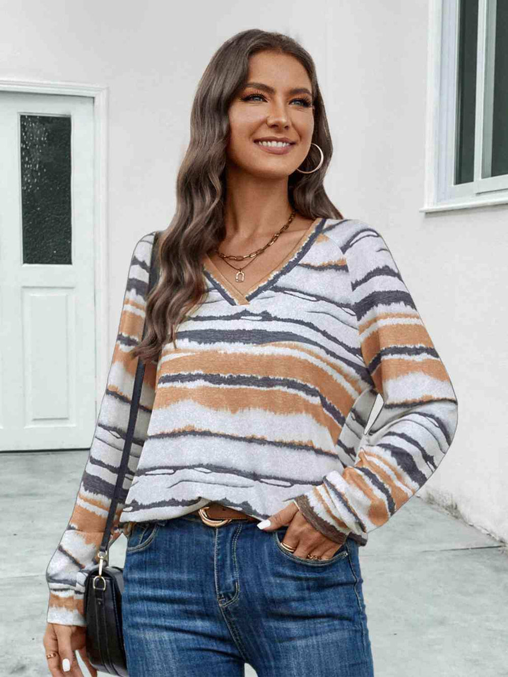 Striped V-Neck Long Sleeve T-Shirt - Trendsi - Flyclothing LLC