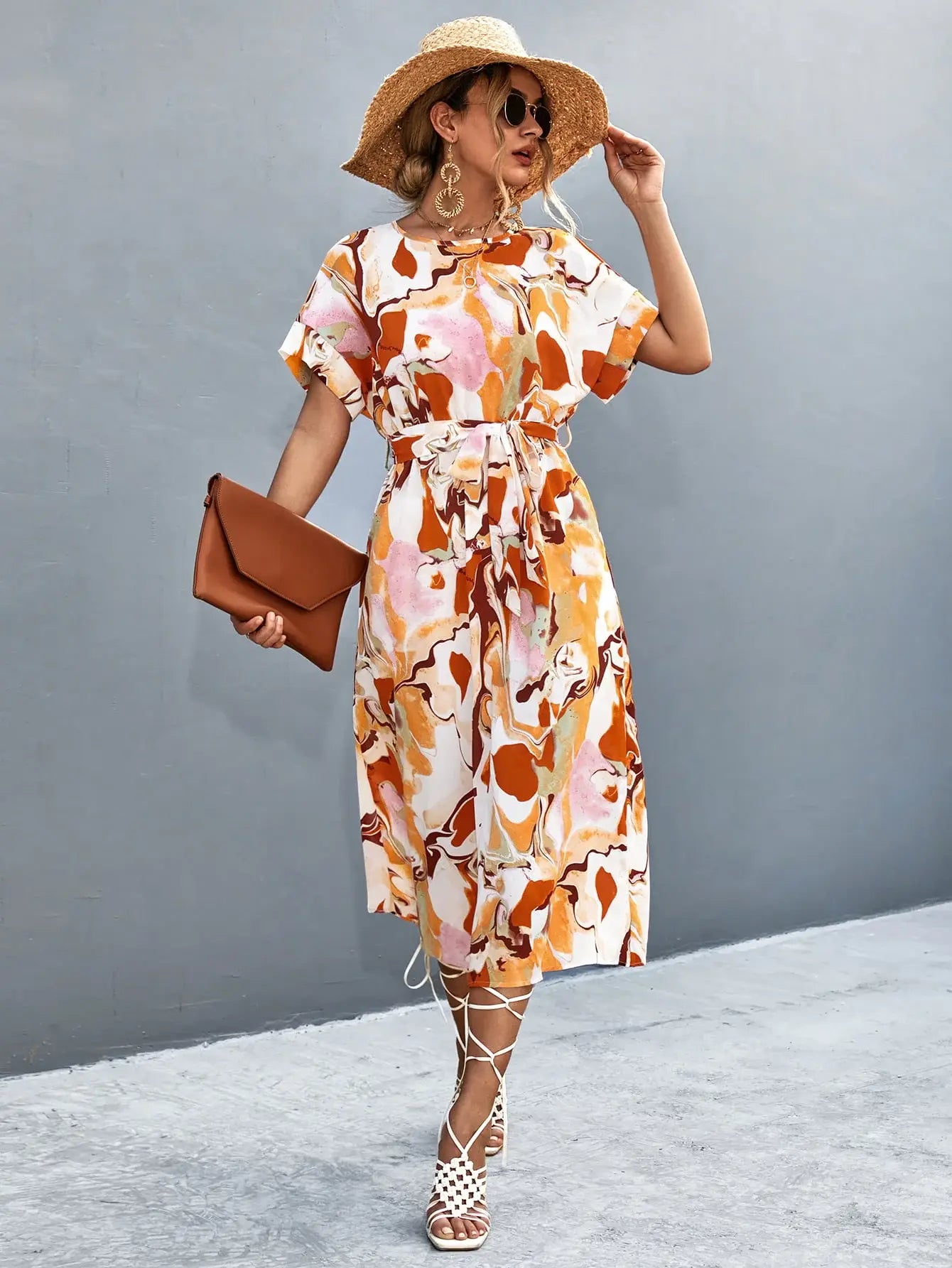 Round Neck Short Sleeve Tie Waist Midi Dress - Trendsi - Flyclothing LLC
