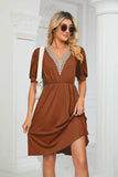 Contrast V-Neck Puff Sleeve Pocket Dress - Trendsi - Flyclothing LLC