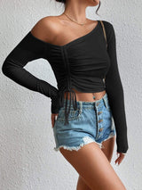 Asymmetrical Long Sleeve Side Tie Blouse - Trendsi - Flyclothing LLC