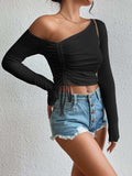 Asymmetrical Long Sleeve Side Tie Blouse - Trendsi - Flyclothing LLC