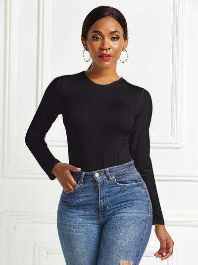 Round Neck Long Sleeve Bodysuit - Trendsi - Flyclothing LLC