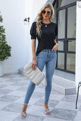 Openwork Round Neck Short Sleeve Blouse - Trendsi - Flyclothing LLC