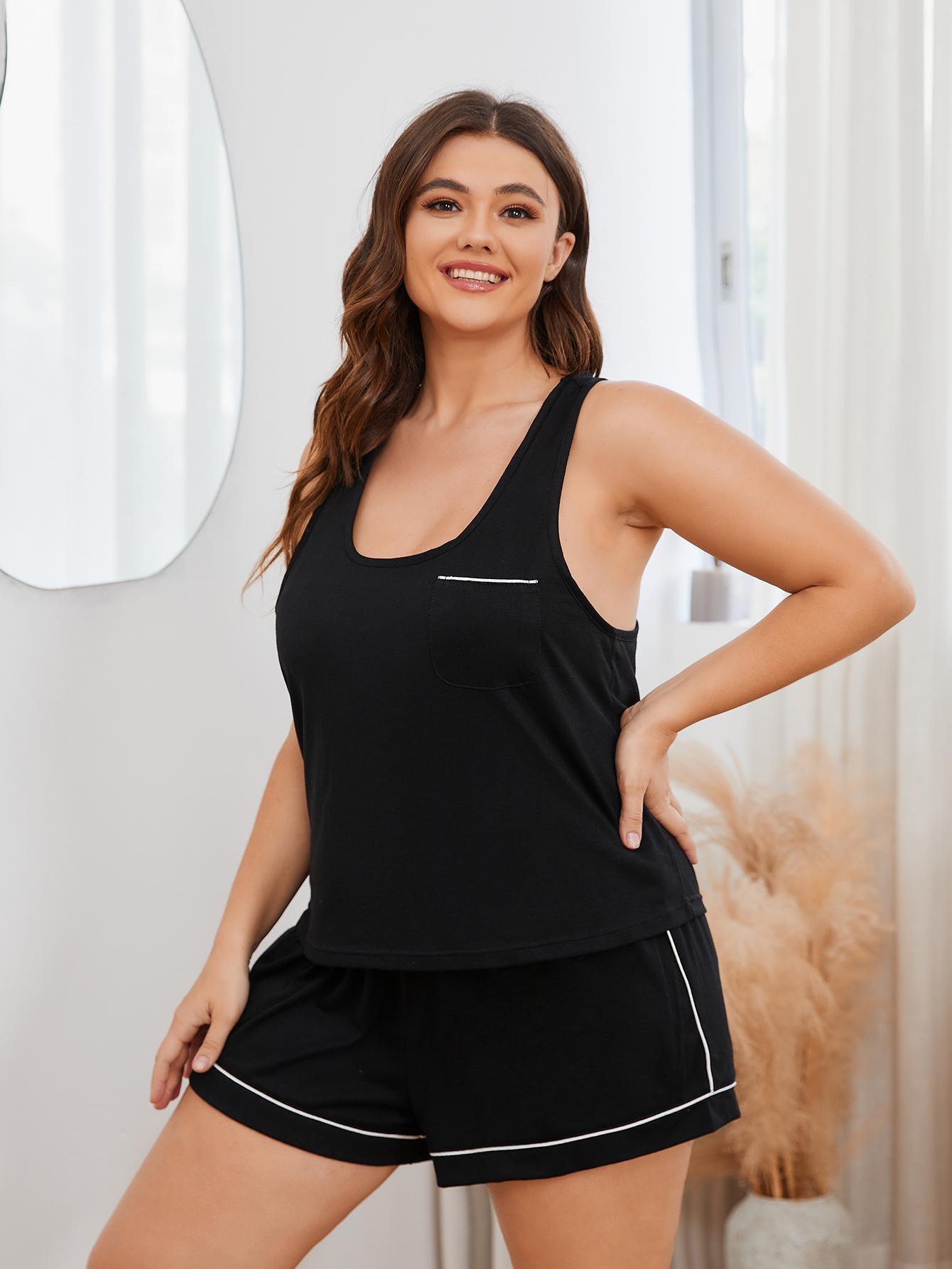 Plus Size Contrast Piping Racerback Tank and Shorts Lounge Set - Flyclothing LLC