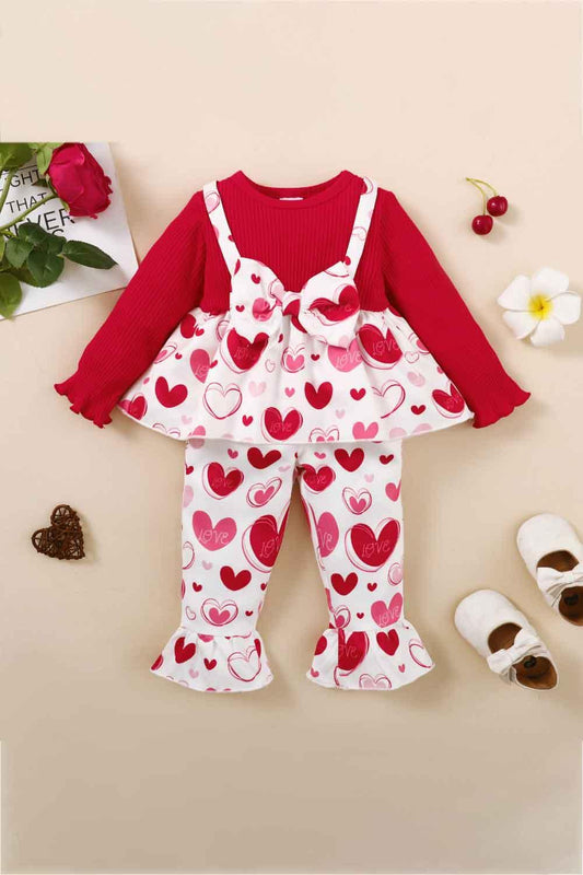 Girls Heart Print Bow Detail Sweater and Flare Pants Set - Flyclothing LLC