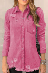 Distressed Raw Hem Snap Down Denim Jacket - Trendsi - Flyclothing LLC