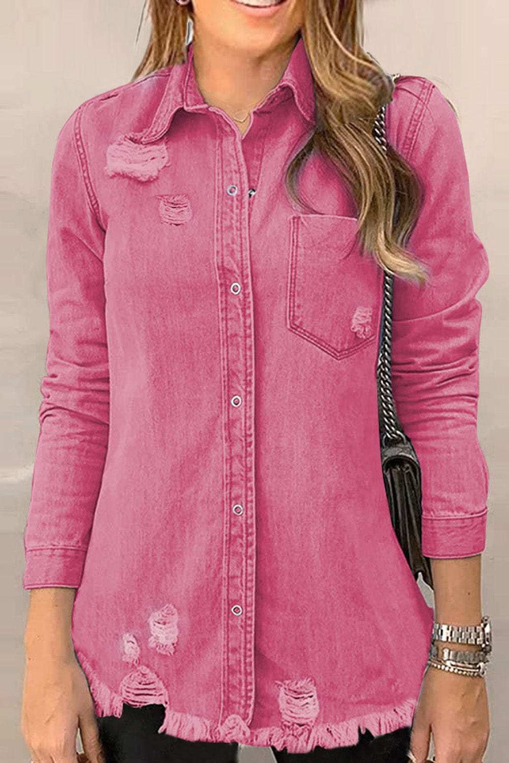 Distressed Raw Hem Snap Down Denim Jacket - Trendsi - Flyclothing LLC