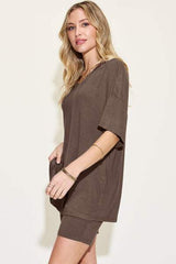 Basic Bae Full Size V-Neck Drop Shoulder Short Sleeve T-Shirt and Shorts Set - Trendsi - Flyclothing LLC