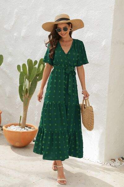 Swiss Dot Tied Surplice Short Sleeve Dress - Trendsi - Flyclothing LLC