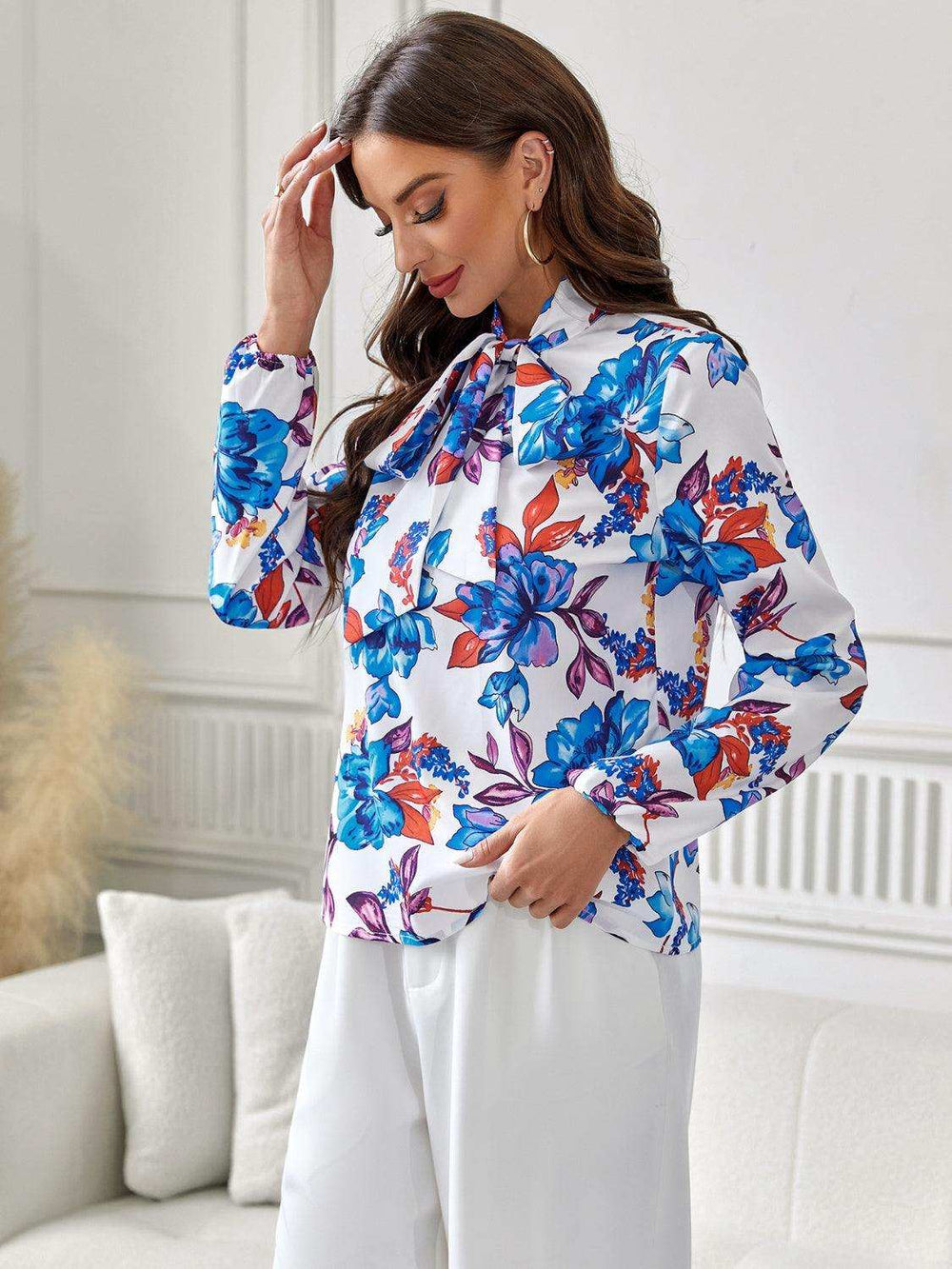 Floral Tie Neck Long Sleeve Blouse - Trendsi - Flyclothing LLC
