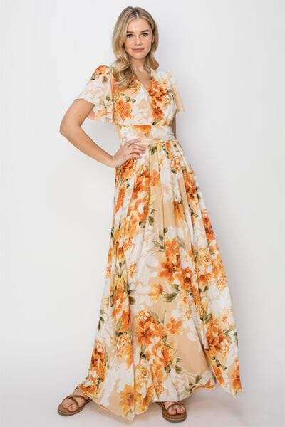 HYFVE Floral Tie Back Short Sleeve Slit Maxi Dress - Trendsi - Flyclothing LLC