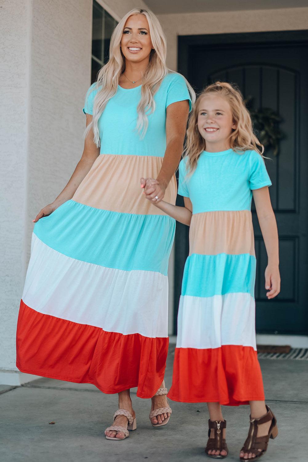 Girls Color Block Round Neck Maxi Dress - Flyclothing LLC