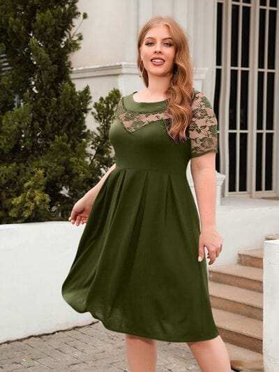 Plus Size Ruched Round Neck Short Sleeve Dress - Trendsi - Flyclothing LLC