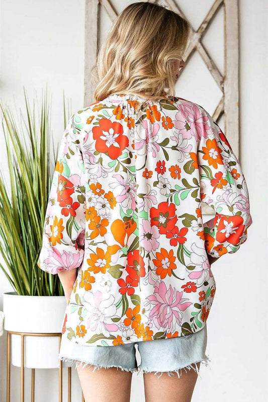 Floral Notched Neck Balloon Sleeve Blouse - Trendsi - Flyclothing LLC