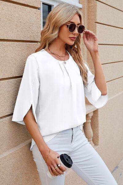 Round Neck Slit Half Sleeve Top - Trendsi - Flyclothing LLC