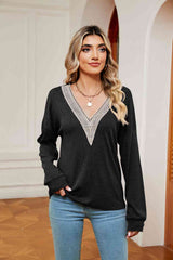 Contrast V-Neck Long Sleeve Blouse - Trendsi - Flyclothing LLC