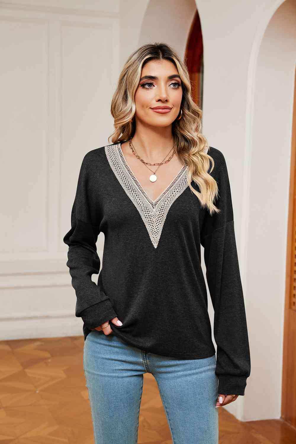 Contrast V-Neck Long Sleeve Blouse - Trendsi - Flyclothing LLC