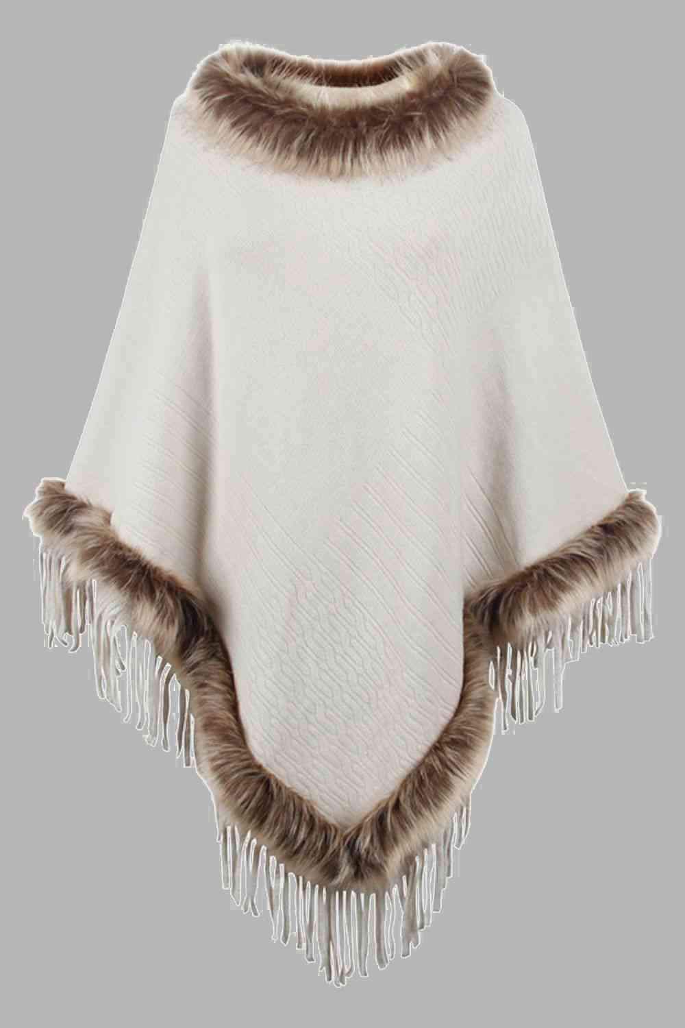 Faux Fur Trim Fringed Poncho - Trendsi - Flyclothing LLC