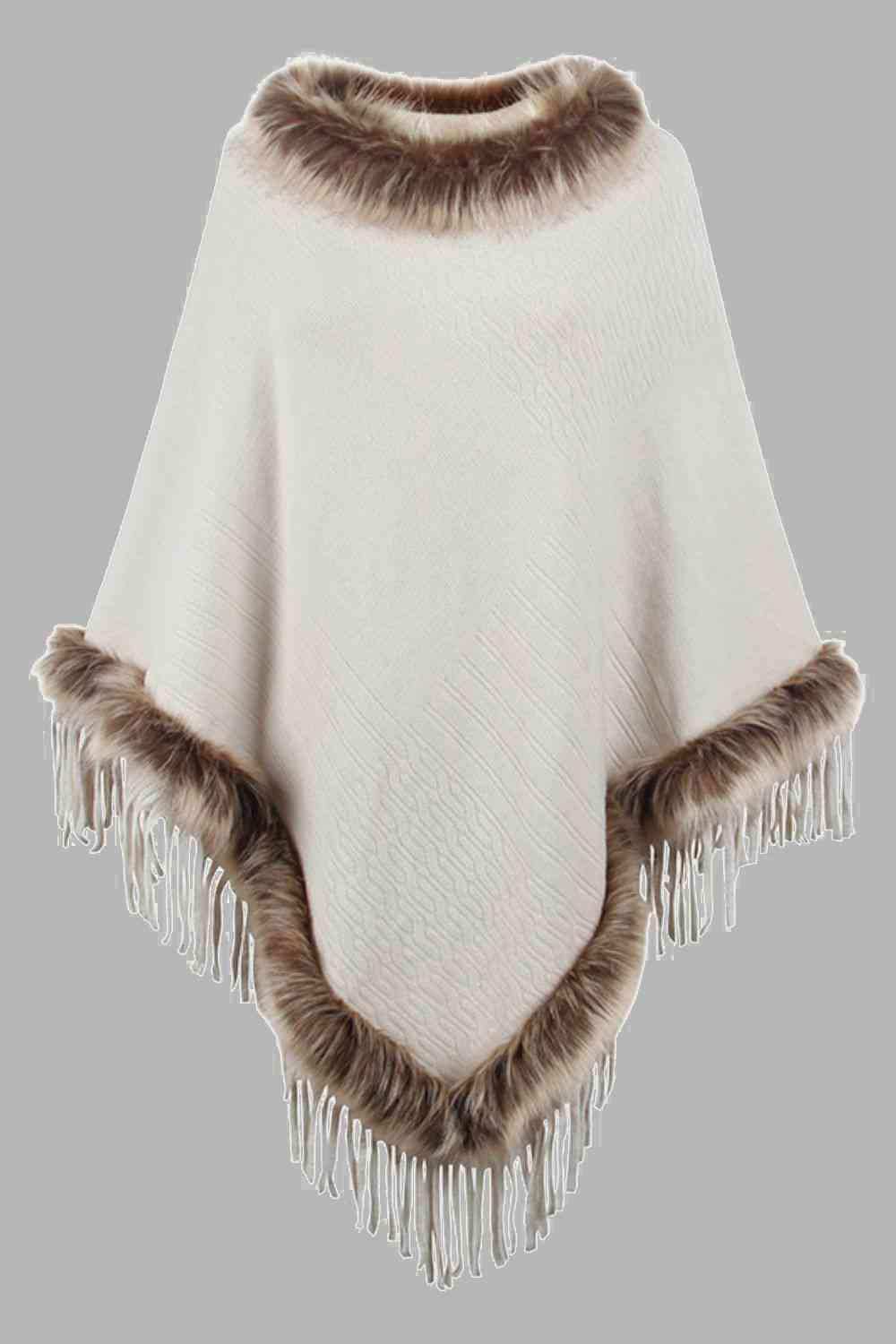 Faux Fur Trim Fringed Poncho - Trendsi - Flyclothing LLC