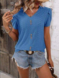 Eyelet V-Neck Petal Sleeve T-Shirt - Trendsi - Flyclothing LLC