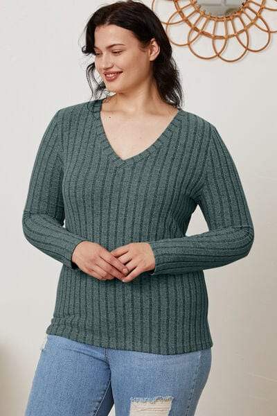 Basic Bae Full Size Ribbed V-Neck Long Sleeve T-Shirt - Trendsi - Flyclothing LLC