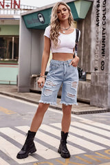 Raw Hem Distressed Denim Shorts with Pockets - Trendsi - Flyclothing LLC