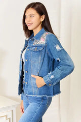 Baeful Leopard Floral Distressed Raw Hem Denim Jacket - Trendsi - Flyclothing LLC