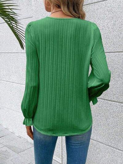V-Neck Lace Detail Flounce Sleeve Blouse - Trendsi - Flyclothing LLC