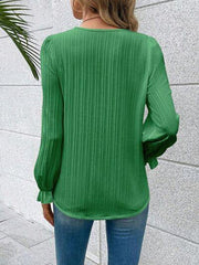 V-Neck Lace Detail Flounce Sleeve Blouse - Flyclothing LLC