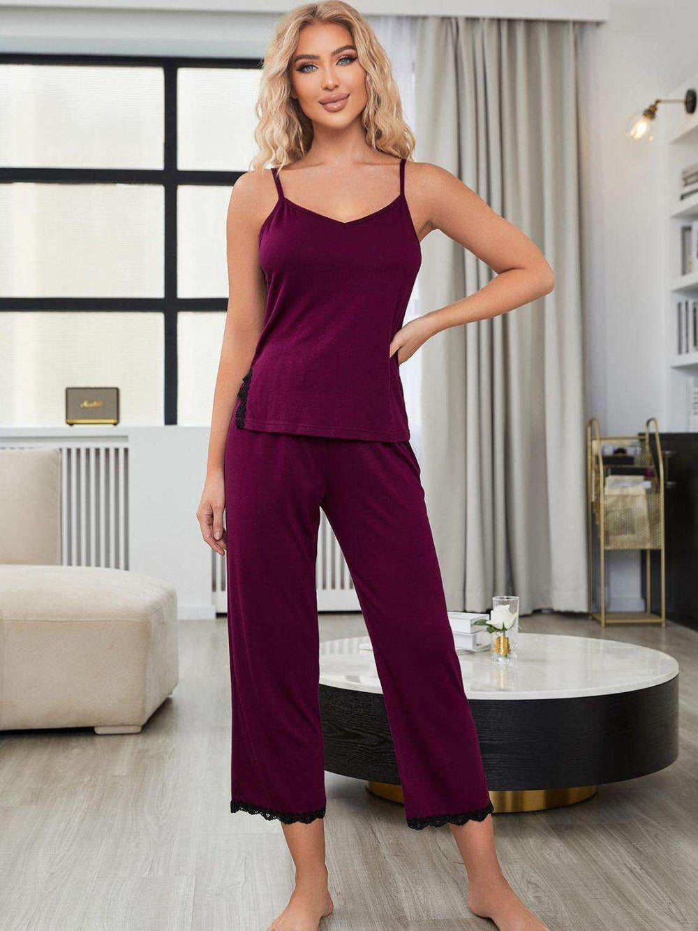V-Neck Lace Trim Slit Cami and Pants Pajama Set - Trendsi - Flyclothing LLC