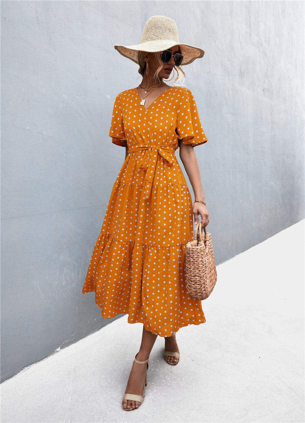 Printed V-Neck Flutter Sleeve Belted Dress - Trendsi - Flyclothing LLC