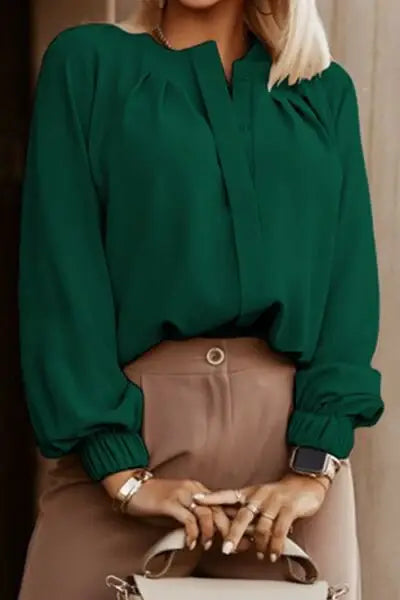 Button Up Round Neck Long Sleeve Shirt - Trendsi - Flyclothing LLC