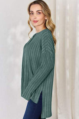 Basic Bae Full Size Ribbed Half Button Long Sleeve High-Low T-Shirt - Trendsi - Flyclothing LLC