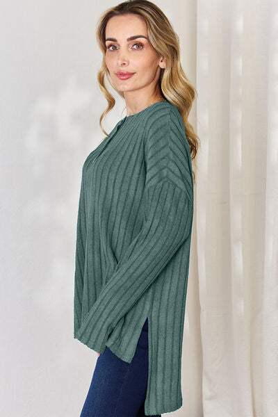 Basic Bae Full Size Ribbed Half Button Long Sleeve High-Low T-Shirt - Trendsi - Flyclothing LLC