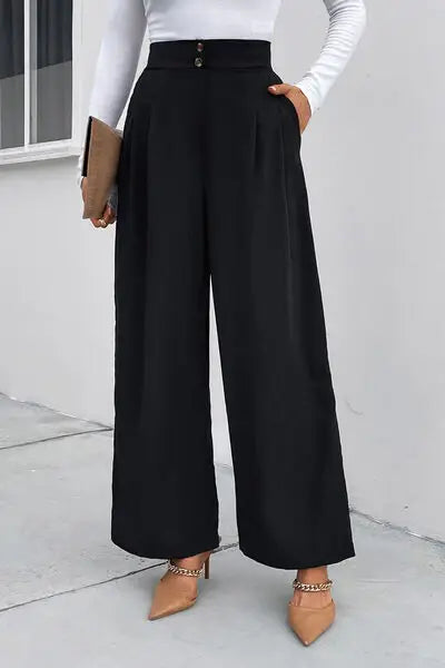 High Waist Ruched Pocketed Wide Leg Pants - Trendsi - Flyclothing LLC