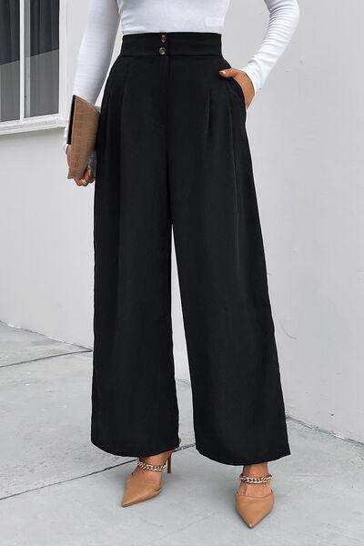 High Waist Ruched Pocketed Wide Leg Pants - Trendsi - Flyclothing LLC