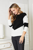 Double Take Two-Tone Openwork Rib-Knit Sweater - Trendsi