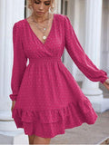 Swiss Dot Surplice Smocked Ruffle Hem Dress - Trendsi