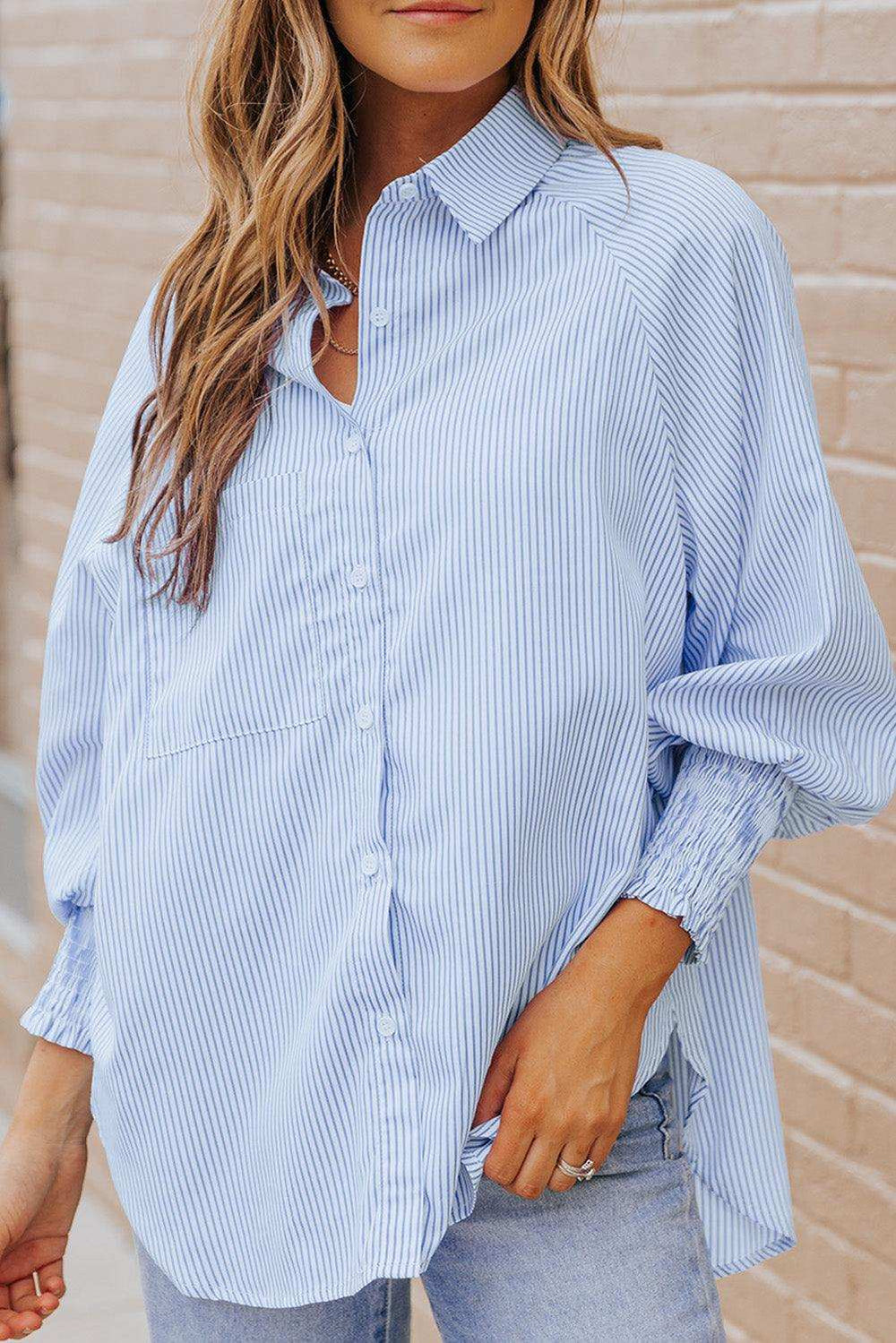 Striped Lantern Sleeve Collared Shirt - Trendsi - Flyclothing LLC