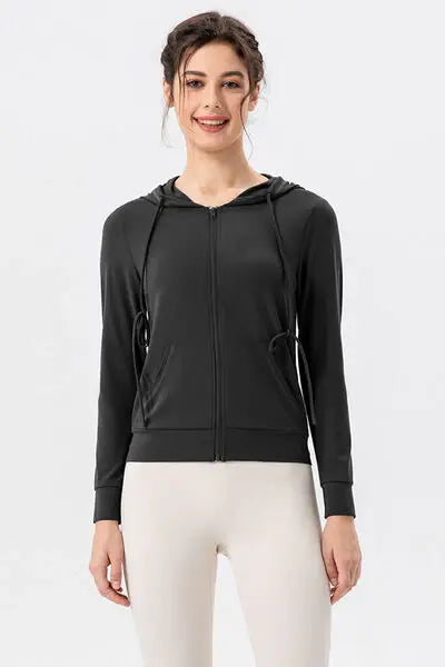 Drawstring Zip Up Hooded Active Outerwear - Trendsi - Flyclothing LLC