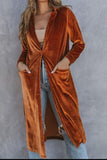 Collared Neck Longline Velvet Cardigan with Pockets - Trendsi