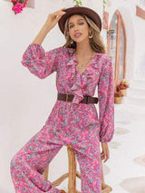 Printed Ruffled V-Neck Balloon Sleeve Jumpsuit - Trendsi - Flyclothing LLC
