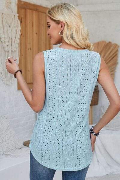 Eyelet Decorative Button V-Neck Tank - Trendsi - Flyclothing LLC