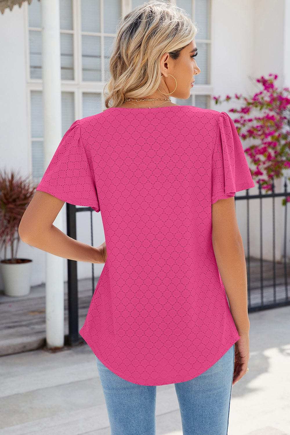 Eyelet Square Neck Flutter Sleeve Blouse - Trendsi - Flyclothing LLC