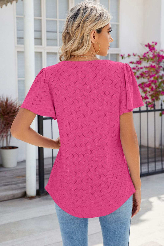 Eyelet Square Neck Flutter Sleeve Blouse - Trendsi - Flyclothing LLC